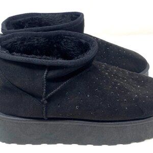 Love83 Faux Fur Platform Short Black Rhinestones Ankle Booties Black Size 8